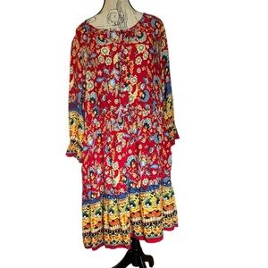 Suzanne Betro Red Boho Floral Midi Dress Drop Waist NWT M Festival Flowy Hippie